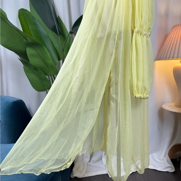 Vintage 1960s Sheer Lemon Nylon Peignoir Gown w/ Lilac Ribbon Rosette sz M/L - Picture 7 of 10
